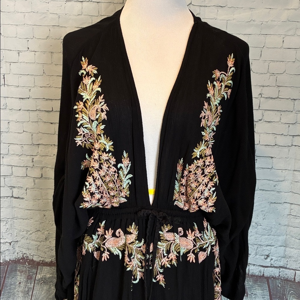 Free People Pretty Pineapple V Tunic Dress Embroidery  Drawstring S Hippie Boho - Picture 8 of 16